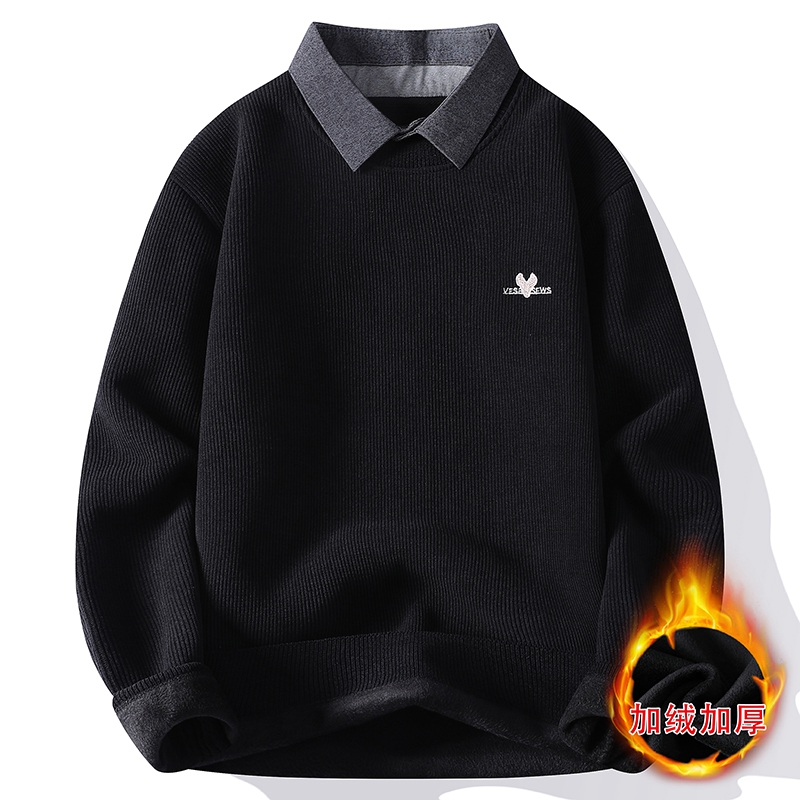 加绒青少年黑色衬衫领保暖假两件