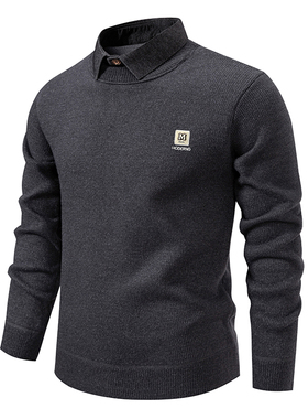 新款简约百搭男士翻领假两件针织衫灰色修身套头毛衣休闲套头上衣