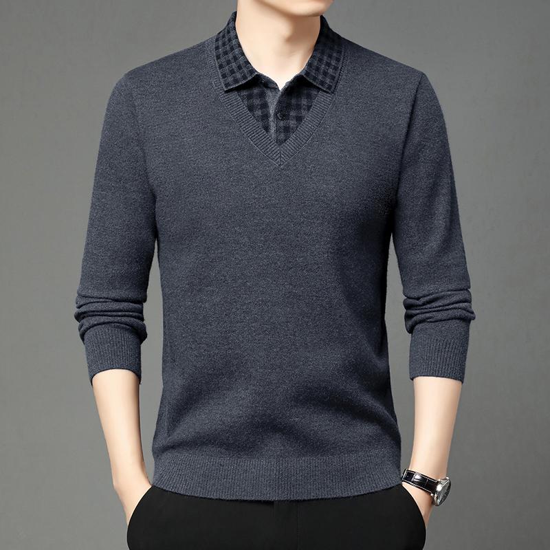 假两件衬衫领针织衫男长袖