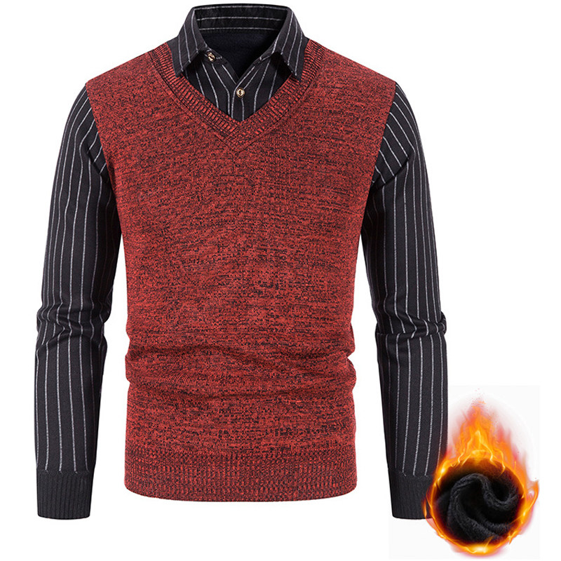新简约百搭男士假两件衬衫领针织衫加绒保暖条纹拼接套头毛衣上衣,男装,针织衫/毛衣,淘宝优惠券,粉丝福利购,淘宝优惠卷
