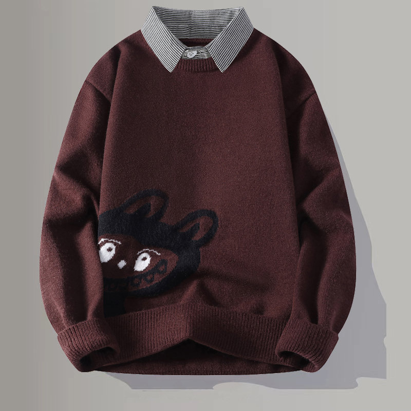 假两件衬衫领针织衫男卡通毛衣