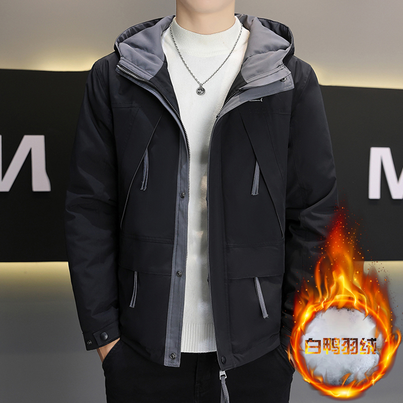 工装风连帽羽绒服短款加厚保暖