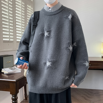 假两件衬衫领星星提花毛衣