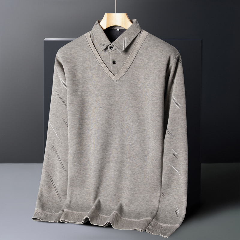 男士加绒加厚衬衫领假两件毛衣