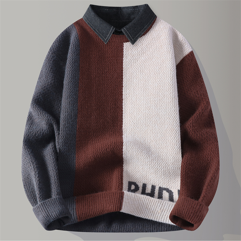 撞色拼接衬衫领针织衫保暖休闲