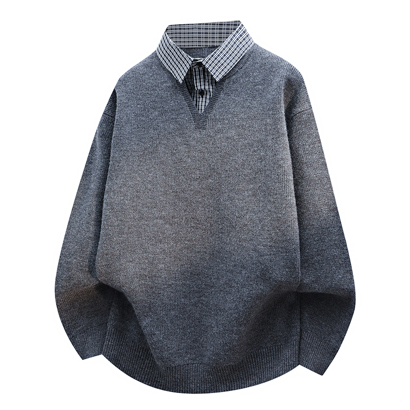 2025新款假两件衬衫领针织衫男款