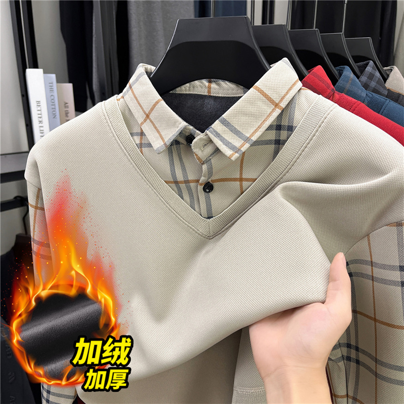 男士假两件衬衫领针织衫毛衣