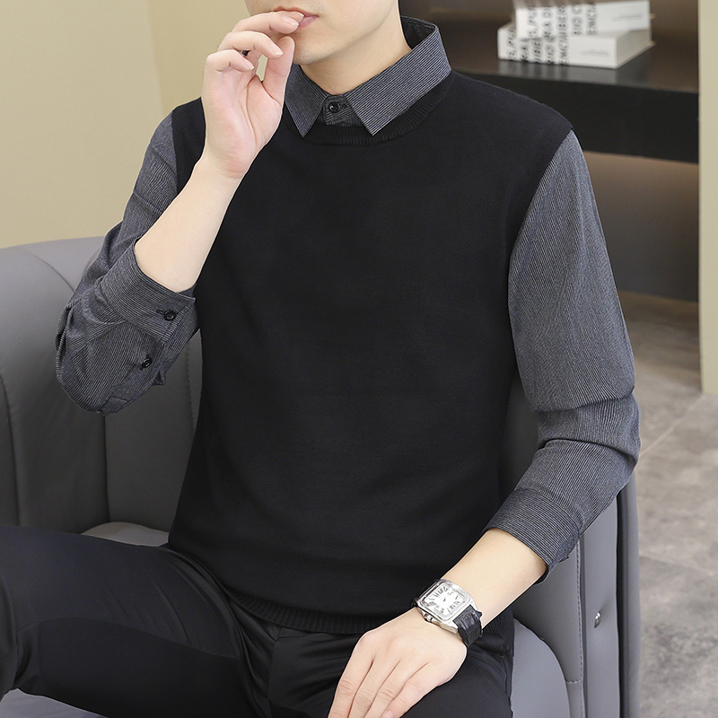 衬衫领男士假两件修身潮牌黑色