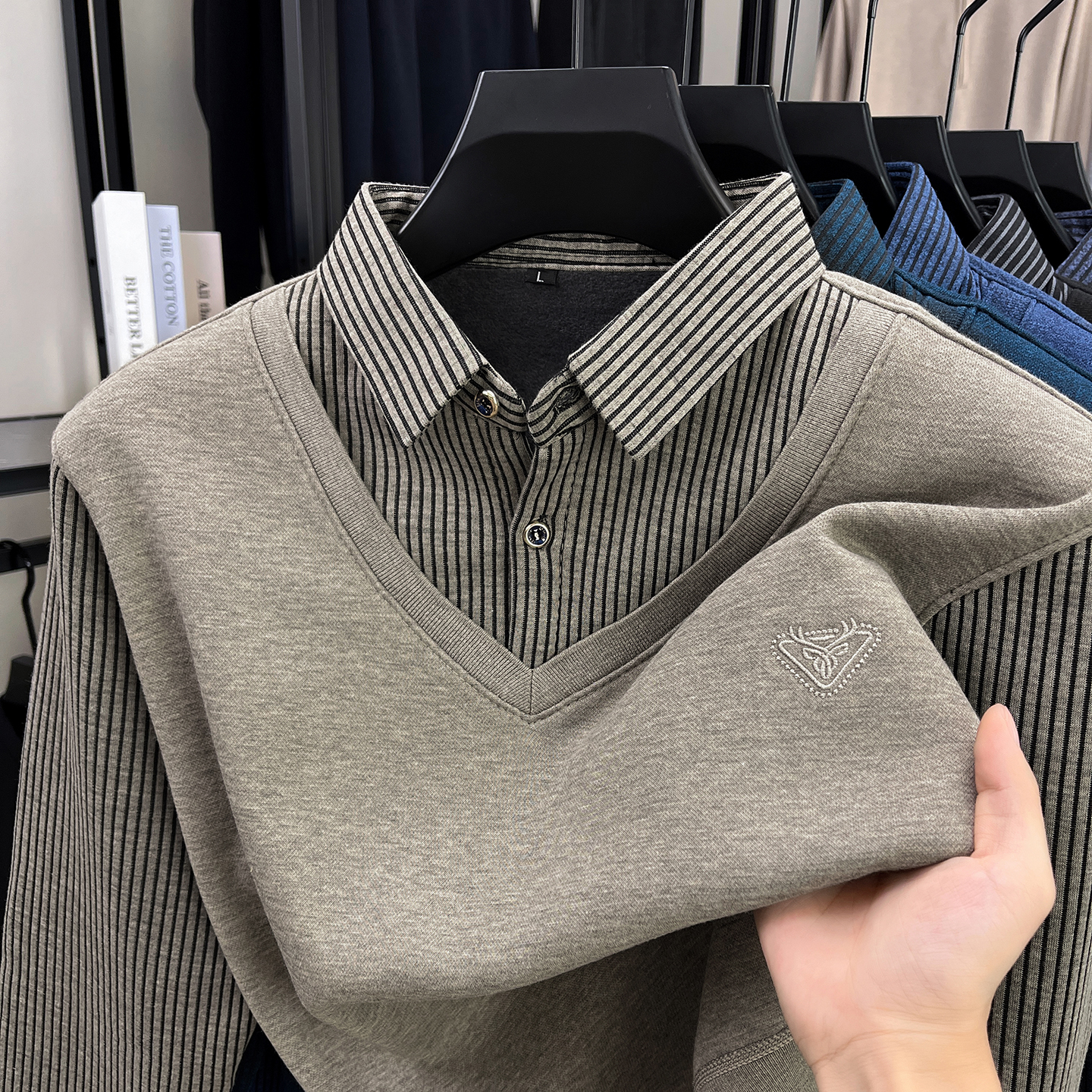 男士加绒加厚衬衫领假两件毛衣潮