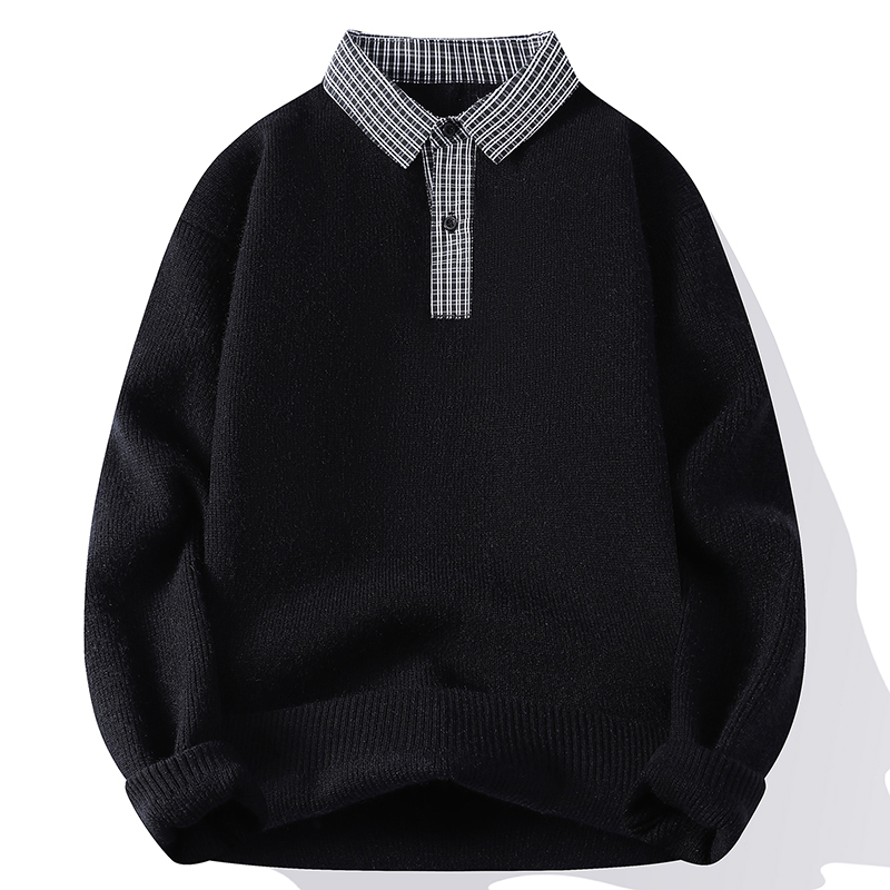 休闲通勤风格子衬衫领针织衫