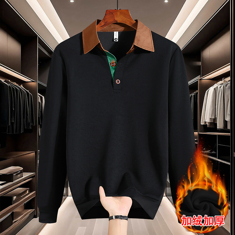男士黑色衬衫领卫衣加绒加厚