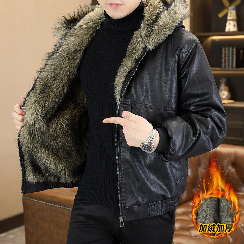 新款简约百搭抗风连帽皮毛一体皮衣男加绒加厚机车风夹克保暖外套,男装,皮衣,淘宝优惠券,粉丝福利购,淘宝优惠卷