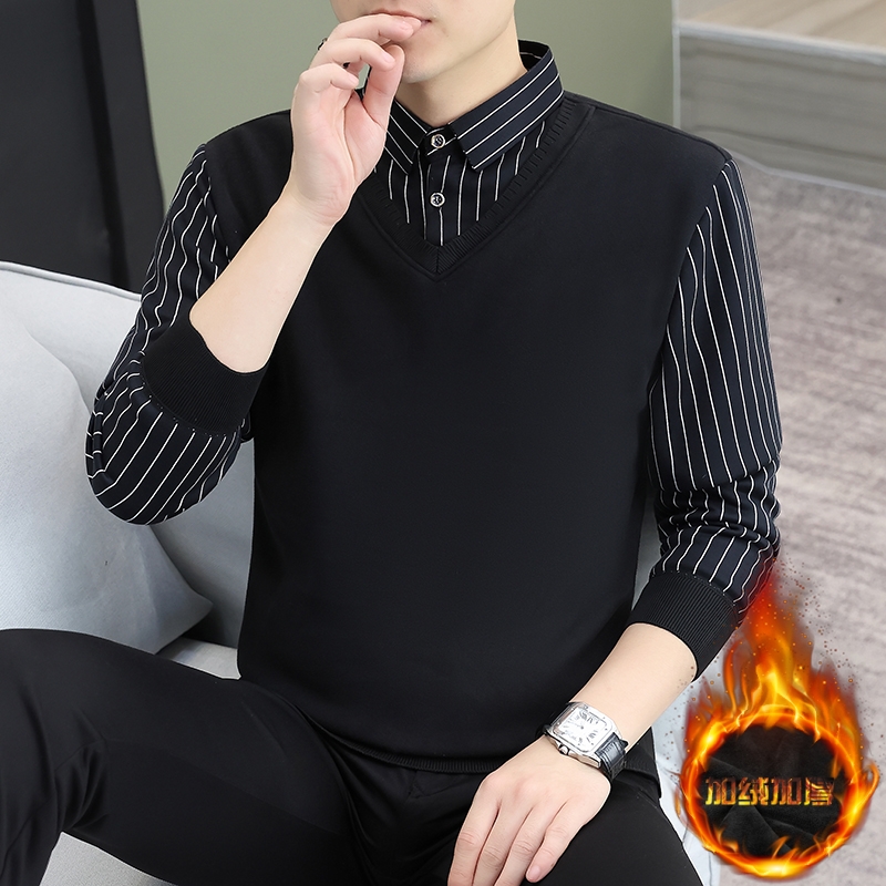 假两件衬衫领针织衫男加绒加厚