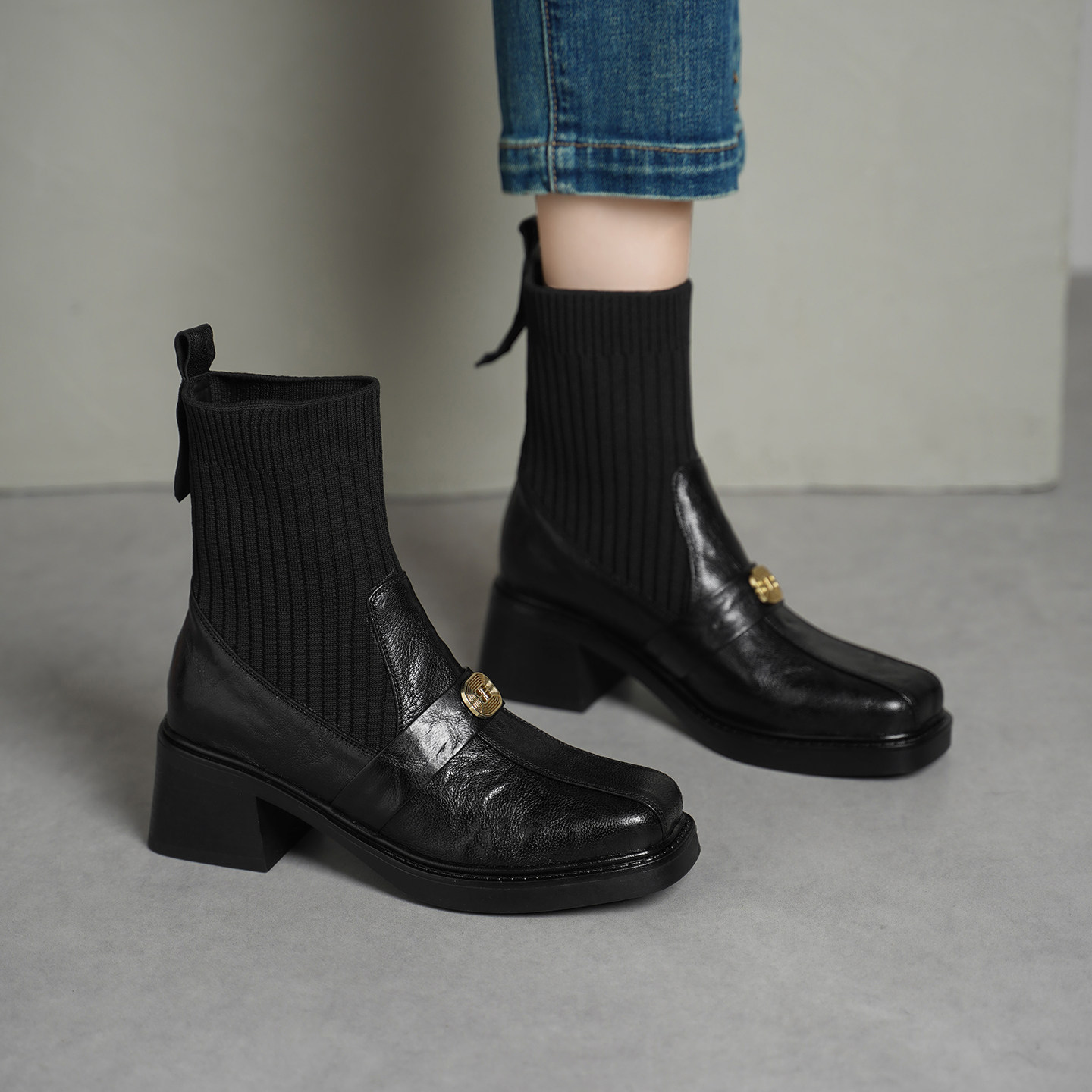 奇尔怡真皮复古法式短靴女冬季加绒2025新款粗跟棕色针织拼接袜靴,女鞋,弹力靴/袜靴,淘宝优惠券,粉丝福利购,淘宝优惠卷