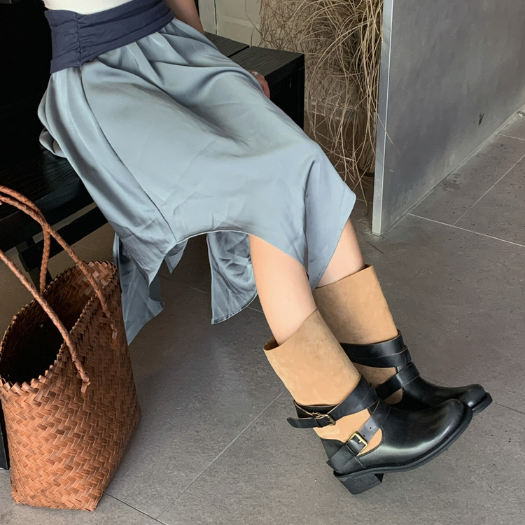 【奇尔怡】复古风皮带扣机车靴女中筒拼色粗跟西部牛仔靴四季通用
