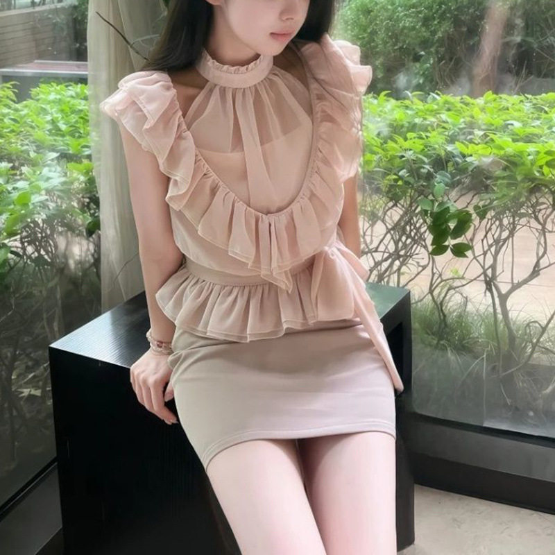 日系甜美名媛套装女春秋季蝴蝶结荷叶边收腰上衣包臀半身裙两件套