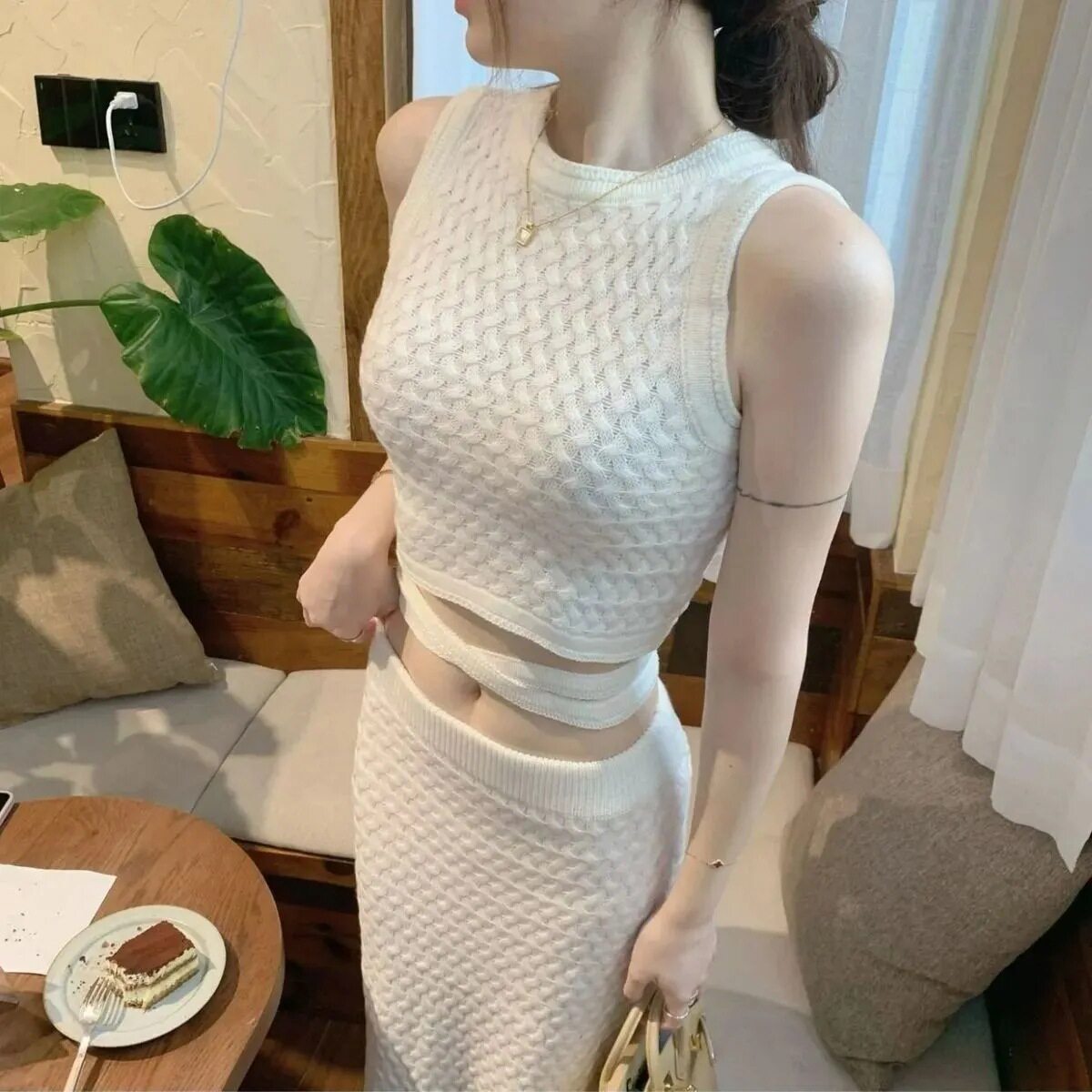 盐系名媛套装无袖短款露脐绑带针织背心高腰修身包臀中长款半身裙