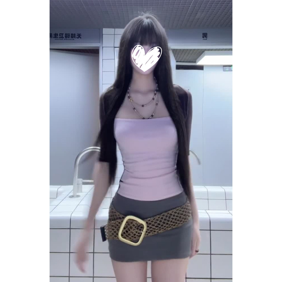 春季韩系辣妹假两件拼接方领五分袖T恤女修身显瘦高级感短裙套装