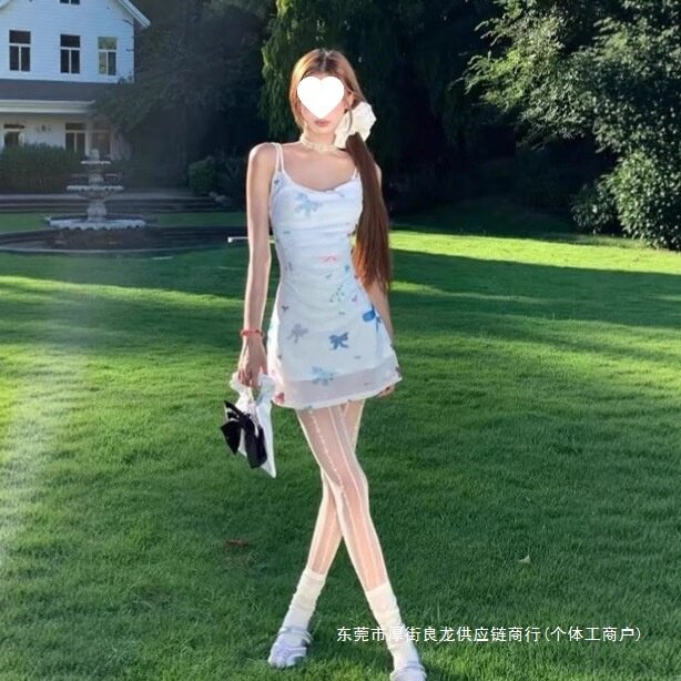 夏季蝴蝶印花假两件显瘦连衣裙