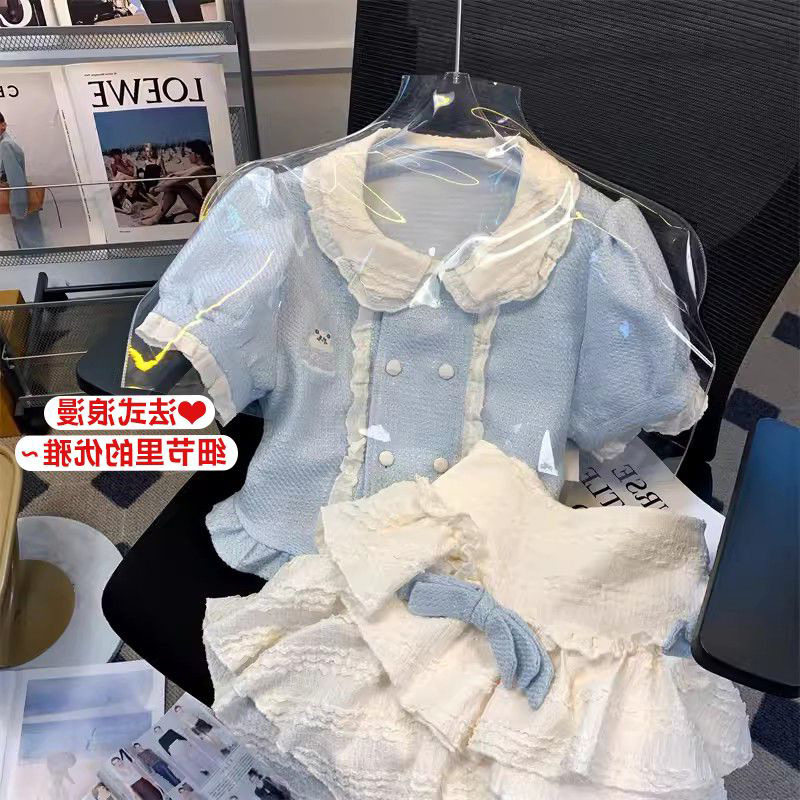 大码胖mm辣妹可爱甜美套装女夏季娃娃领衬衫高腰背带蛋糕裙两件套