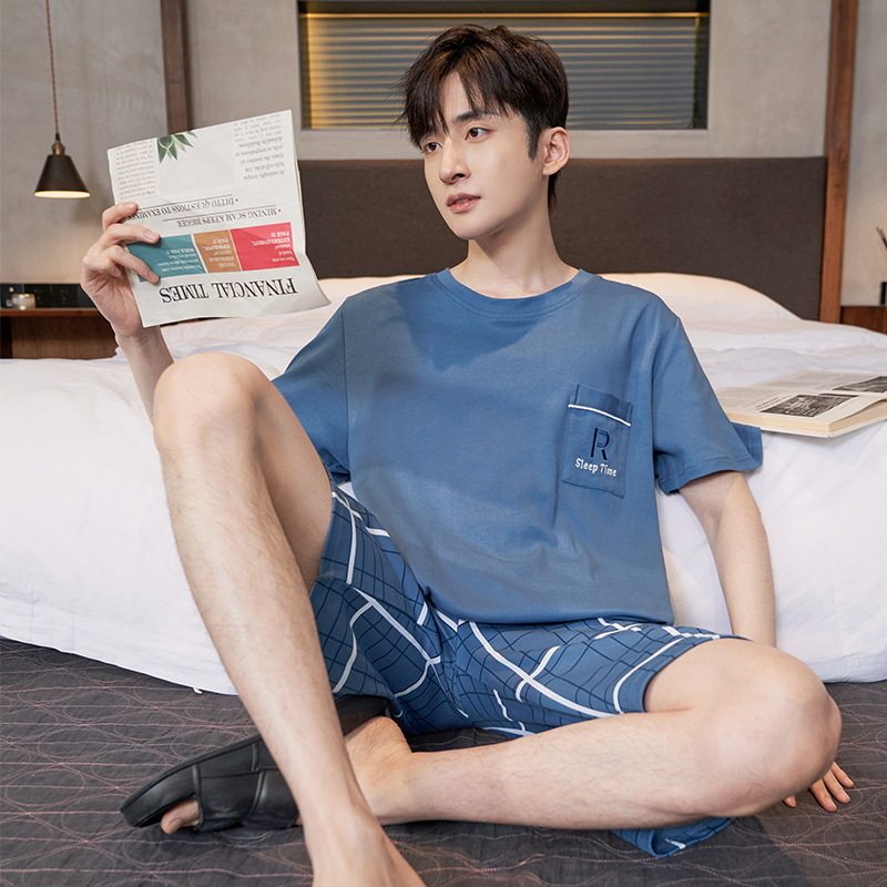纯棉睡衣男夏季短袖短裤高级感全棉青少年大码夏天格子家居服