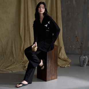 睡衣女春秋冬季纯棉2025长袖V领黑色高级感宽松家居服休闲两件套