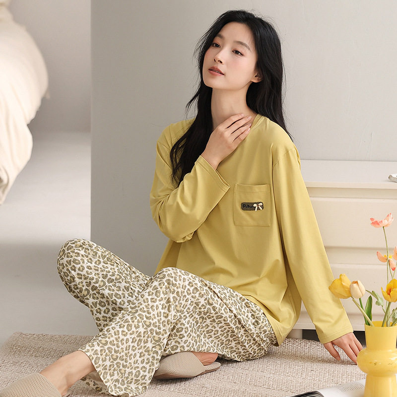 睡衣女士春秋款拉架纯棉长袖家居服套头简约休闲可外穿家居服套装