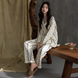 睡衣女春秋冬款纯棉2024长袖条纹花边翻领高级感轻奢家居服套装