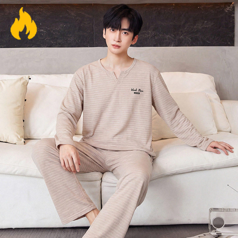 德绒家居服秋冬季男加厚款保暖V领套头桑蚕丝羊毛绒弹力睡衣男生
