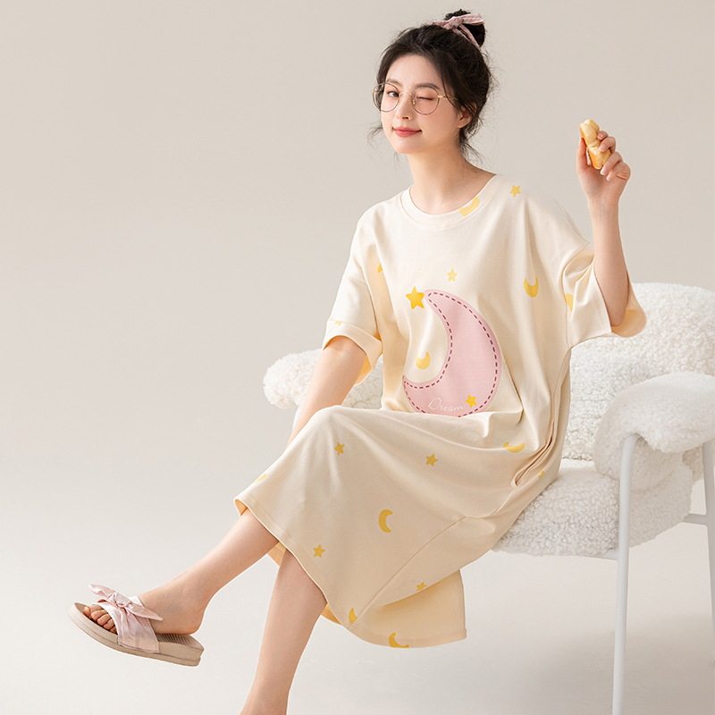 纯棉睡裙女夏季2026新款夏天睡衣短袖薄款甜美风少女连衣裙子圆领