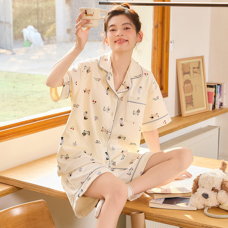 睡衣女款2026新款夏季款纯棉女士短袖短裤套装开衫卡通家居服夏天