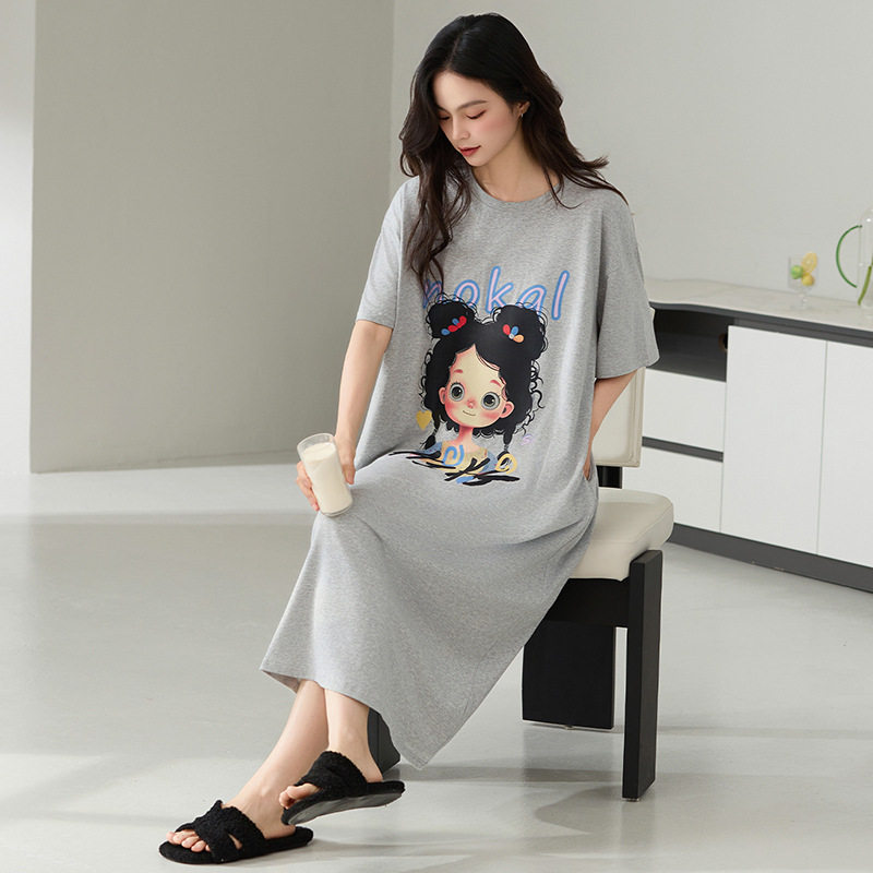睡裙女夏季纯棉短袖圆领可爱卡通涂鸦少女宽松大码胖mm家居服薄款