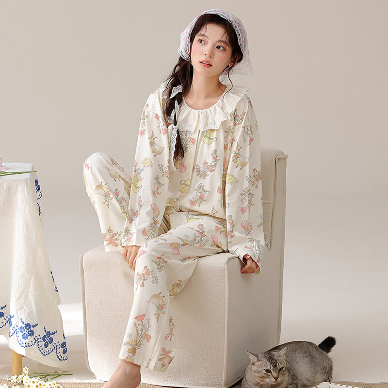 纯棉睡衣女士春秋季新款长袖长裤大码甜美休闲圆领开衫家居服套装