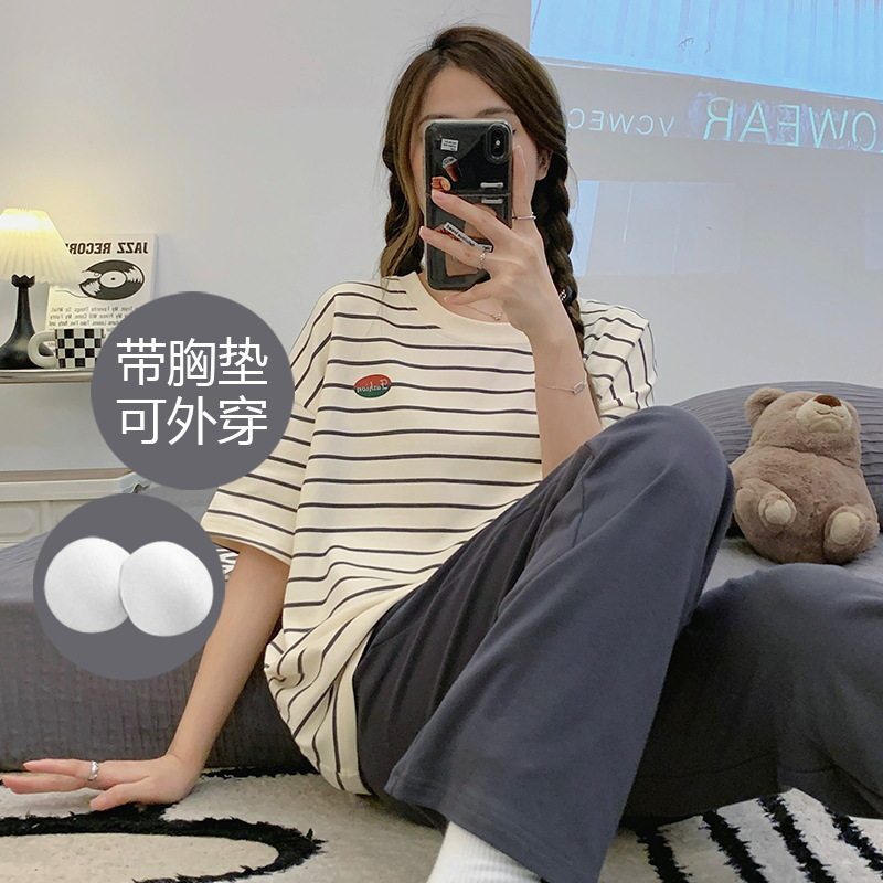 2026睡衣女士夏季新款带胸垫短袖长裤薄款两件套休闲韩版宽松套装