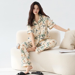 睡衣女夏季纯棉短袖长裤夏款可外穿轻奢高级感满印花园家居服