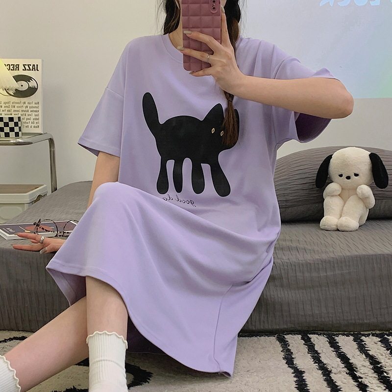 睡裙夏季女款2024新款纯棉女士性感夏款短袖孕妇黑猫睡衣夏天女款