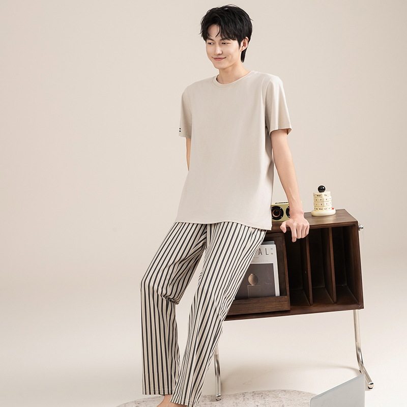 睡衣男士夏季纯棉短袖长裤薄款2025新款全棉夏款套头可外穿
