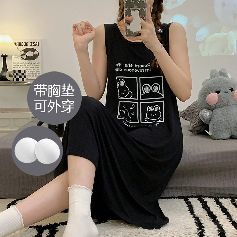 睡裙女士夏季莫代尔背心连衣裙孕妇宽松带胸垫卡通休闲睡衣可外