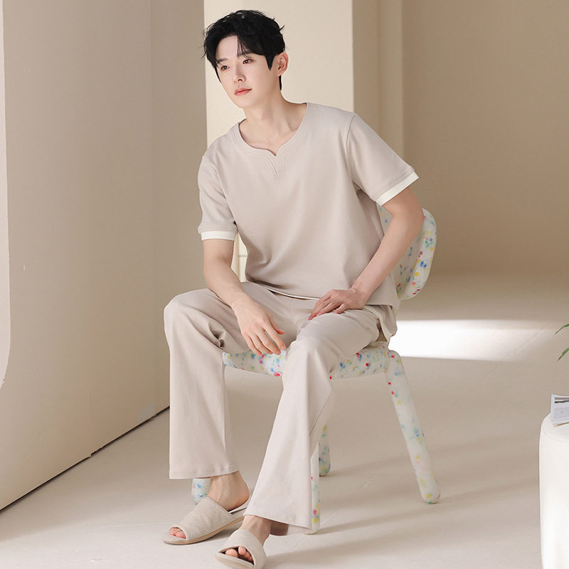 纯棉睡衣男士夏季短袖长裤薄款青少年男款春秋季可外穿家居服套装