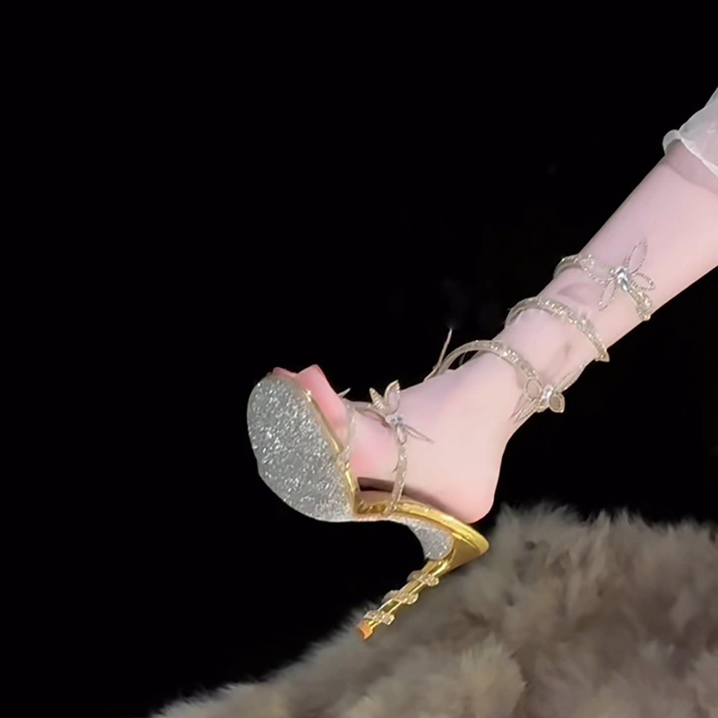 羊皮版~法式仙女风水钻绑带凉鞋女细跟高跟鞋性感一字带亮片单鞋