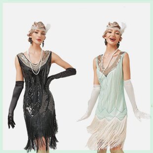 欧美复古1920S复古V领流苏裙盖茨比服装拉丁舞舞会亮片钉珠连衣裙