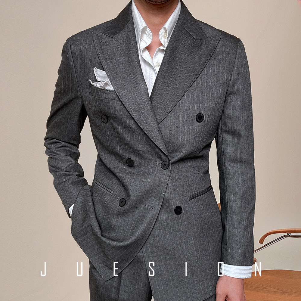 【透气精纺羊毛】JUESION 意式条纹西服套装男半里衬商务休闲西装