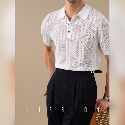 【镂空棉麻混纺】JUESION 翻领polo衫男夏季商务休闲通勤短袖T恤