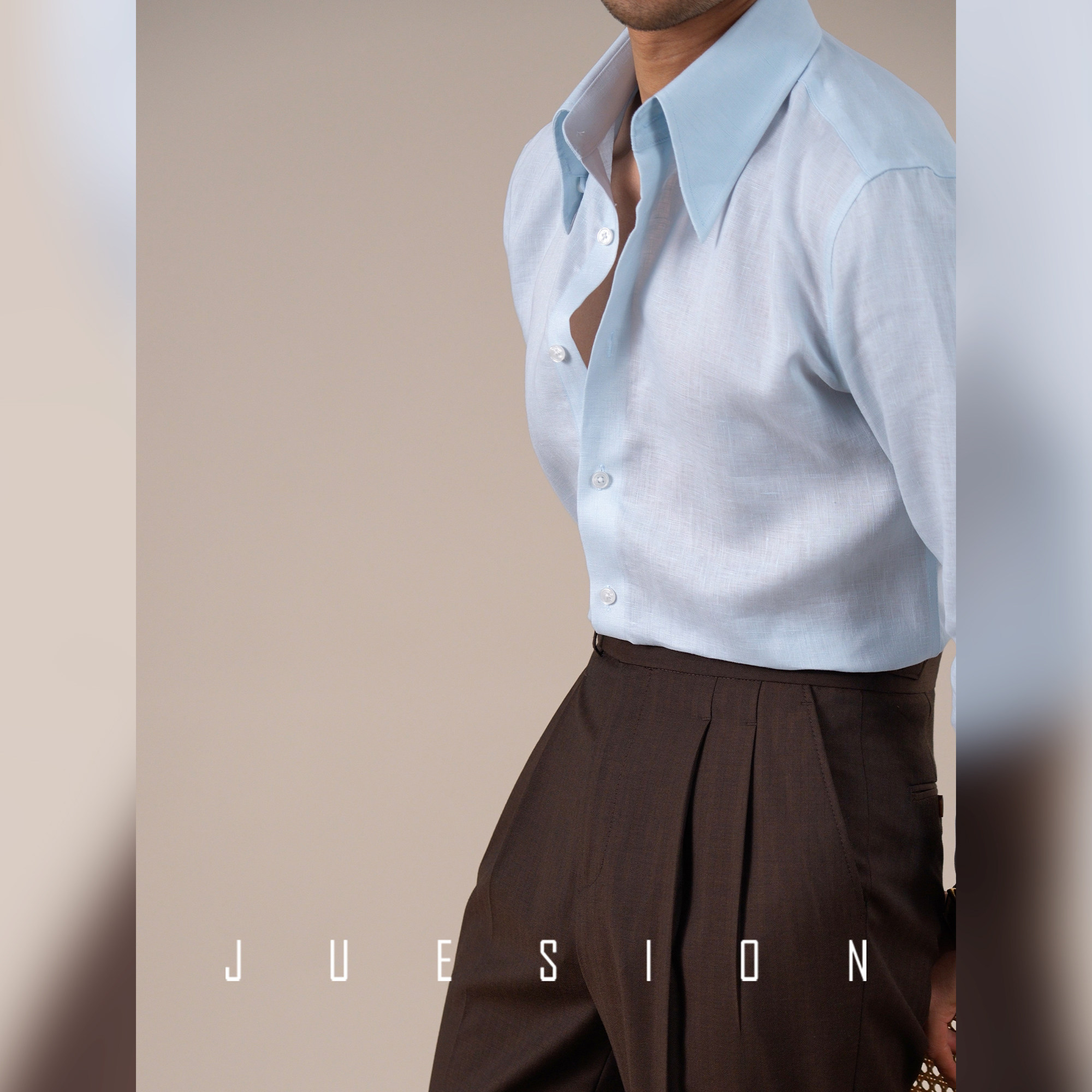 【14支清爽亚麻】JUESION 意式长尖领衬衫男透气休闲商务通勤衬衣