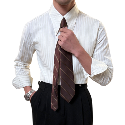 意式长尖领扣领男士条纹衬衫