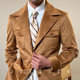 意式 休闲西装 休闲西服外套男麂皮绒时尚 猎装 夹克 复古修身 JUESION