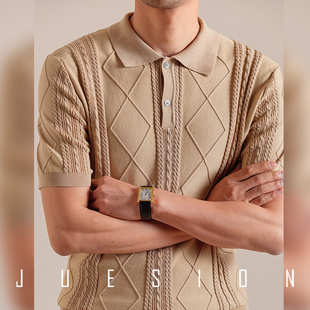 JUESION 针织复古绞花短袖Polo衫男夏季轻薄透气翻领天丝半袖t恤