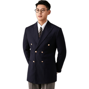 JUESION 意式布雷泽羊毛西服男戗驳领双排扣免烫薄款西装外套