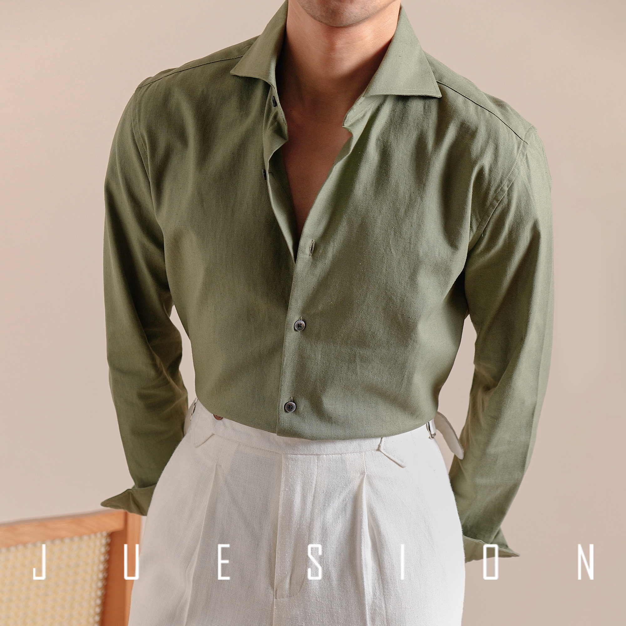 JUESION 春夏季透气一字领衬衫男长袖纯色意式休闲棉麻温莎领衬衣