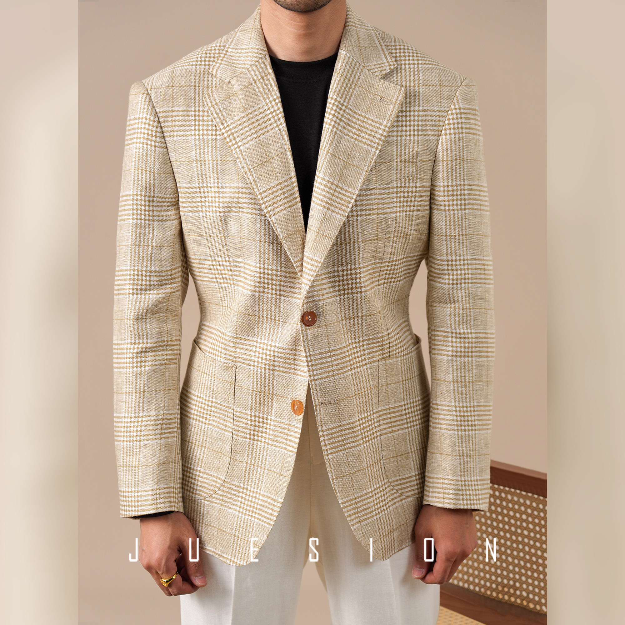 JUESION 意式半里布西服男春夏透气平驳领单排扣休闲商务西装外套